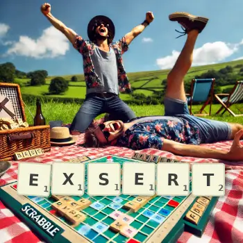 Creative illustration for a Scrabble game with the word EXSERT spelled out in tiles on the board.