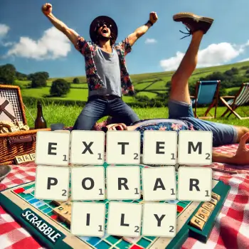 Creative illustration for a Scrabble game with the word EXTEMPORARILY spelled out in tiles on the board.