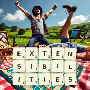 Creative illustration for a Scrabble game with the word EXTENSIBILITIES spelled out in tiles on the board.