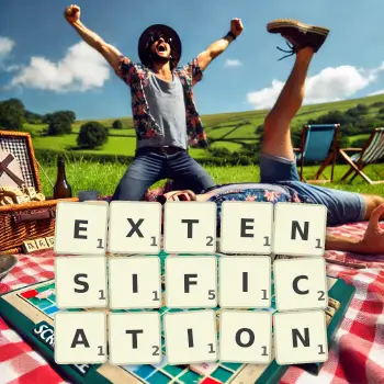 Creative illustration for a Scrabble game with the word EXTENSIFICATION spelled out in tiles on the board.
