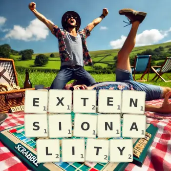 Creative illustration for a Scrabble game with the word EXTENSIONALITY spelled out in tiles on the board.