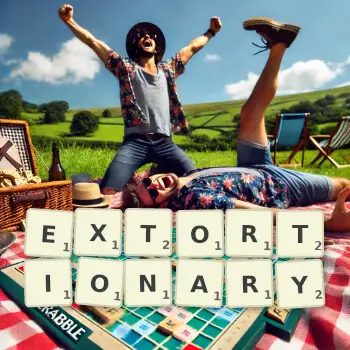 Creative illustration for a Scrabble game with the word EXTORTIONARY spelled out in tiles on the board.