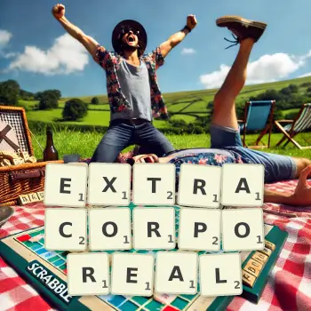 Creative illustration for a Scrabble game with the word EXTRACORPOREAL spelled out in tiles on the board.