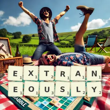 Creative illustration for a Scrabble game with the word EXTRANEOUSLY spelled out in tiles on the board.