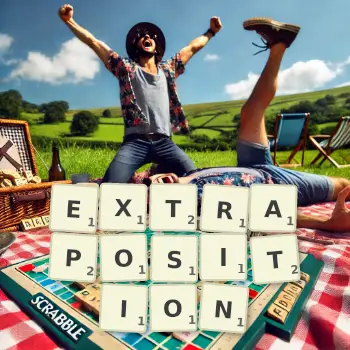 Creative illustration for a Scrabble game with the word EXTRAPOSITION spelled out in tiles on the board.