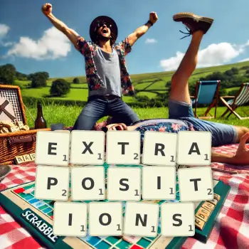 Creative illustration for a Scrabble game with the word EXTRAPOSITIONS spelled out in tiles on the board.