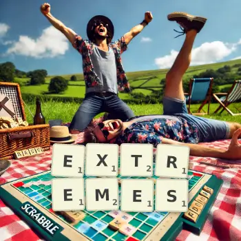 Creative illustration for a Scrabble game with the word EXTREMES spelled out in tiles on the board.