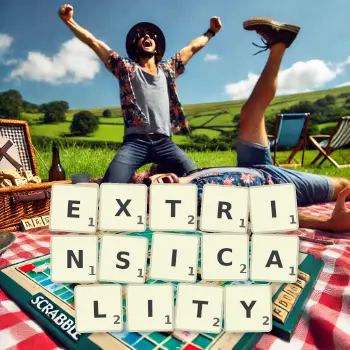 Creative illustration for a Scrabble game with the word EXTRINSICALITY spelled out in tiles on the board.