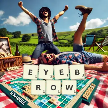 Creative illustration for a Scrabble game with the word EYEBROW spelled out in tiles on the board.