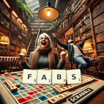 Creative illustration for a Scrabble game with the word FABS spelled out in tiles on the board.