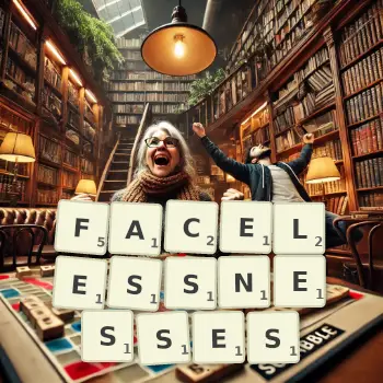Creative illustration for a Scrabble game with the word FACELESSNESSES spelled out in tiles on the board.