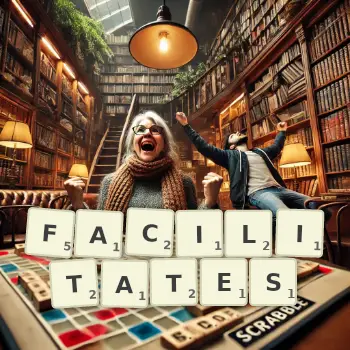 Creative illustration for a Scrabble game with the word FACILITATES spelled out in tiles on the board.