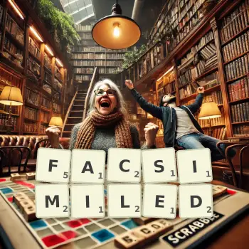 Creative illustration for a Scrabble game with the word FACSIMILED spelled out in tiles on the board.