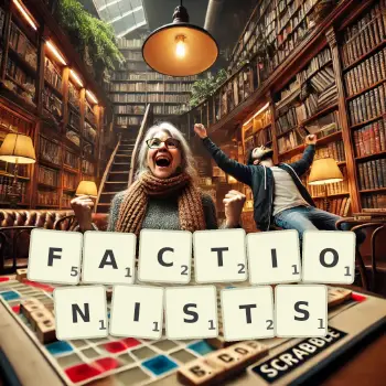 Creative illustration for a Scrabble game with the word FACTIONISTS spelled out in tiles on the board.