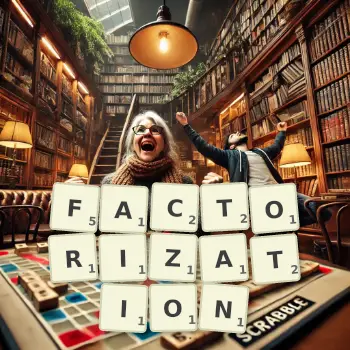Creative illustration for a Scrabble game with the word FACTORIZATION spelled out in tiles on the board.