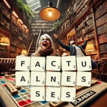 Creative illustration for a Scrabble game with the word FACTUALNESSES spelled out in tiles on the board.