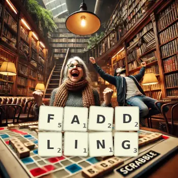 Creative illustration for a Scrabble game with the word FADDLING spelled out in tiles on the board.