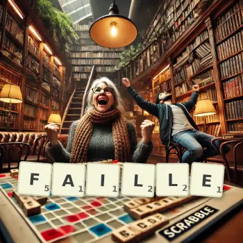 Creative illustration for a Scrabble game with the word FAILLE spelled out in tiles on the board.
