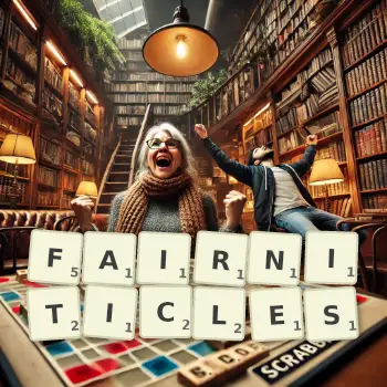Creative illustration for a Scrabble game with the word FAIRNITICLES spelled out in tiles on the board.