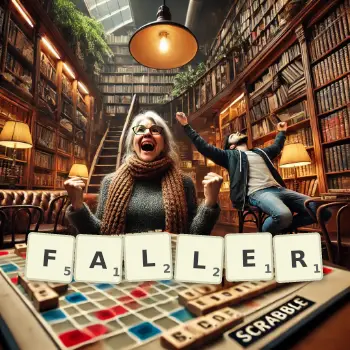 Creative illustration for a Scrabble game with the word FALLER spelled out in tiles on the board.