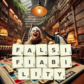Creative illustration for a Scrabble game with the word FALSIFIABILITY spelled out in tiles on the board.