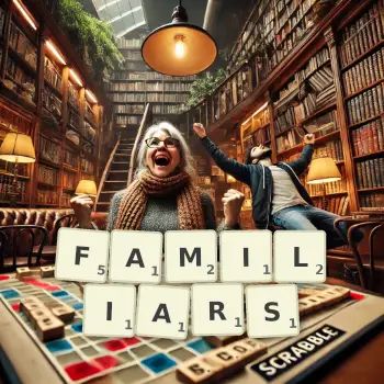 Creative illustration for a Scrabble game with the word FAMILIARS spelled out in tiles on the board.