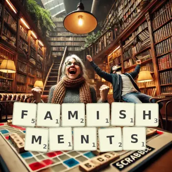 Creative illustration for a Scrabble game with the word FAMISHMENTS spelled out in tiles on the board.