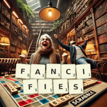 Creative illustration for a Scrabble game with the word FANCIFIES spelled out in tiles on the board.