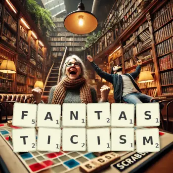Creative illustration for a Scrabble game with the word FANTASTICISM spelled out in tiles on the board.