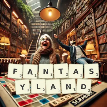 Creative illustration for a Scrabble game with the word FANTASYLAND spelled out in tiles on the board.