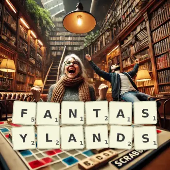 Creative illustration for a Scrabble game with the word FANTASYLANDS spelled out in tiles on the board.