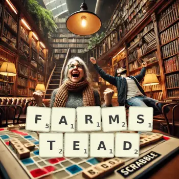 Creative illustration for a Scrabble game with the word FARMSTEAD spelled out in tiles on the board.