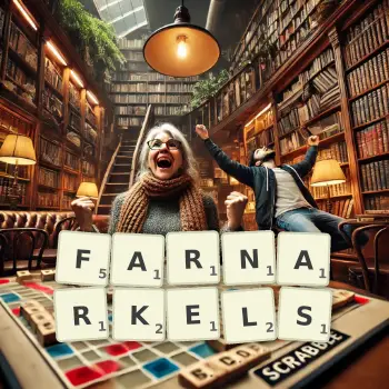 Creative illustration for a Scrabble game with the word FARNARKELS spelled out in tiles on the board.
