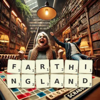 Creative illustration for a Scrabble game with the word FARTHINGLAND spelled out in tiles on the board.