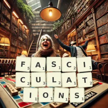 Creative illustration for a Scrabble game with the word FASCICULATIONS spelled out in tiles on the board.
