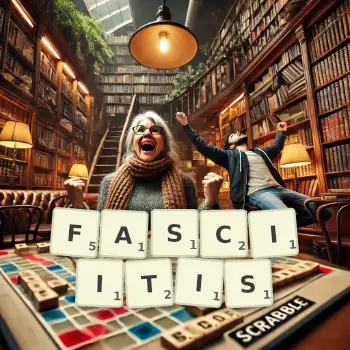 Creative illustration for a Scrabble game with the word FASCIITIS spelled out in tiles on the board.