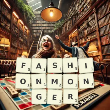 Creative illustration for a Scrabble game with the word FASHIONMONGER spelled out in tiles on the board.