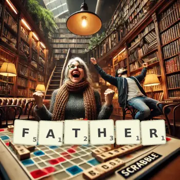 Creative illustration for a Scrabble game with the word FATHER spelled out in tiles on the board.