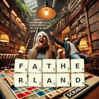 Creative illustration for a Scrabble game with the word FATHERLAND spelled out in tiles on the board.