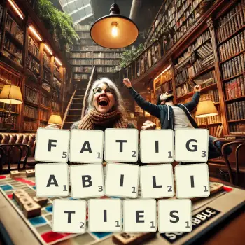Creative illustration for a Scrabble game with the word FATIGABILITIES spelled out in tiles on the board.