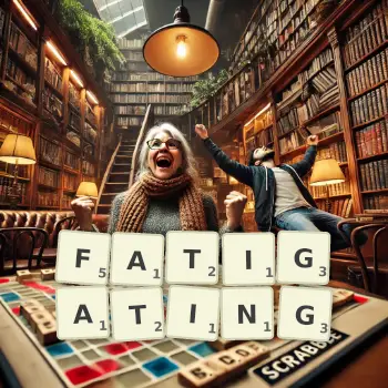 Creative illustration for a Scrabble game with the word FATIGATING spelled out in tiles on the board.