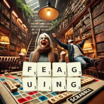 Creative illustration for a Scrabble game with the word FEAGUING spelled out in tiles on the board.
