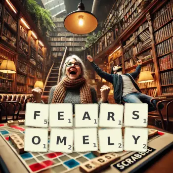 Creative illustration for a Scrabble game with the word FEARSOMELY spelled out in tiles on the board.