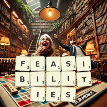 Creative illustration for a Scrabble game with the word FEASIBILITIES spelled out in tiles on the board.