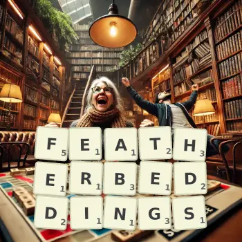 Creative illustration for a Scrabble game with the word FEATHERBEDDINGS spelled out in tiles on the board.