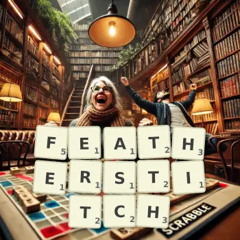 Creative illustration for a Scrabble game with the word FEATHERSTITCH spelled out in tiles on the board.