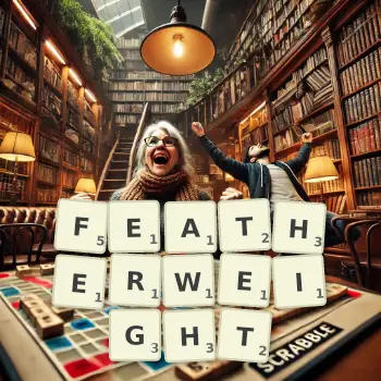 Creative illustration for a Scrabble game with the word FEATHERWEIGHT spelled out in tiles on the board.