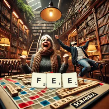 Creative illustration for a Scrabble game with the word FEE spelled out in tiles on the board.