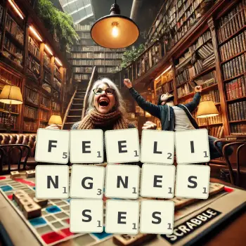 Creative illustration for a Scrabble game with the word FEELINGNESSES spelled out in tiles on the board.