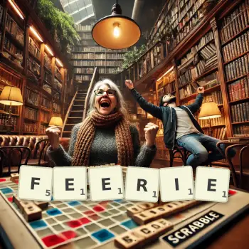 Creative illustration for a Scrabble game with the word FEERIE spelled out in tiles on the board.